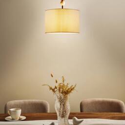 Wyld and Coco Mid-Century Pendant Lamp - Brass-Plated Iron Beige Fabric Drum Shade - thumbnail 1