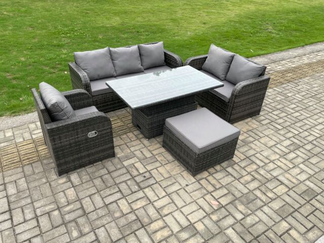 Fimous 7 Seater Outdoor Rattan Furniture Garden Dining Set Patio Height Adjustable Rising lifting Table with 3 Seater Sofa Reclining Chair - image 1