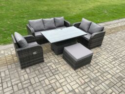 Fimous 7 Seater Outdoor Rattan Furniture Garden Dining Set Patio Height Adjustable Rising lifting Table with 3 Seater Sofa Reclining Chair - thumbnail 2