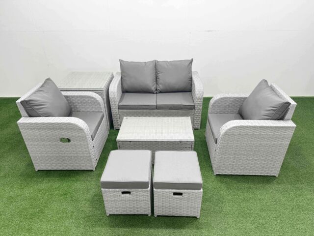 Fimous Light Grey PE Wicker Rattan Garden Furniture Set Sofa Set Reclining Adjustable Chair Rectangular Coffee Table 6 Seater 2 Small Stools Side - image 1