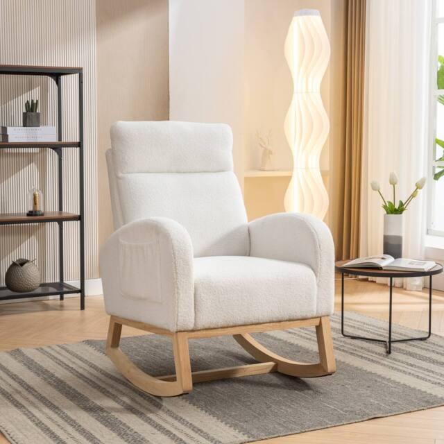 Direct Wicker Mid Century Modern Teddy Fabric Upholstered Rocking Chair Padded Seat in Beige - Size: 1 Pack - image 1