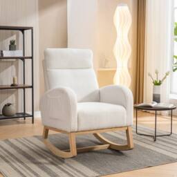 Direct Wicker Mid Century Modern Teddy Fabric Upholstered Rocking Chair Padded Seat in Beige - Size: 1 Pack
