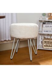 Living and Home Premium Vanity Stool Faux Fur Upholstered Stool in White - thumbnail 5
