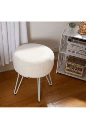 Living and Home Premium Vanity Stool Faux Fur Upholstered Stool in White - thumbnail 2