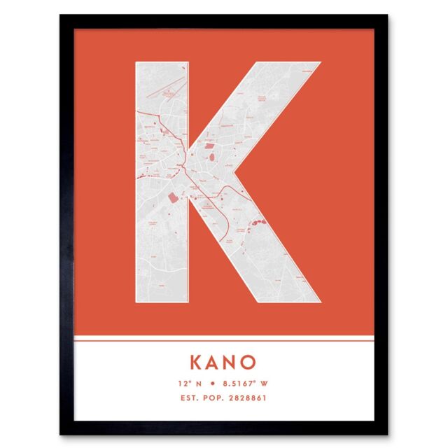 "Wee Blue Coo Wall Art Print Kano Nigeria City Map Modern Typography Stylish Letter Framed Word in Orange - Size: W12"" x H16""" - image 1