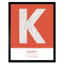 "Wee Blue Coo Wall Art Print Kano Nigeria City Map Modern Typography Stylish Letter Framed Word in Orange - Size: W12"" x H16""" - thumbnail 1