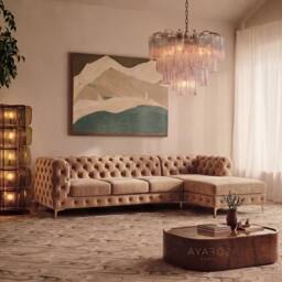 Sofaya Monaco Chesterfield 4 Seater Sofa Velvet Right Hand L Shaped Chaise in Light Brown - Size: 4 Person