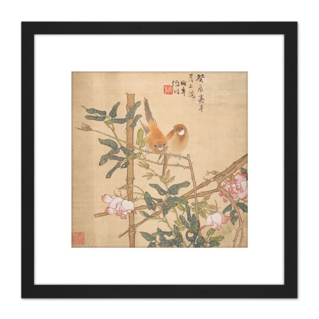 Artery8 Ren Yi Two Birds Perched Rose Bush Painting 8X8 Inch Square Wooden Framed Wall Art Print Picture with Mount in Black - image 1