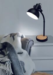 Loops Curved Table Lamp Desk Light Black Steel Shade & Wood Base 1 x 28W E27 Bulb - thumbnail 3