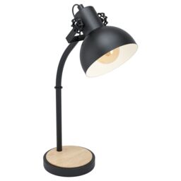 Loops Curved Table Lamp Desk Light Black Steel Shade & Wood Base 1 x 28W E27 Bulb