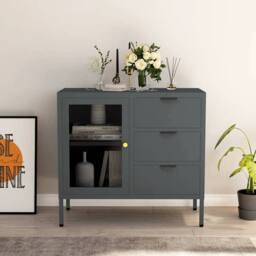 Berkfield Home Sideboard Anthracite 75x35x70 cm Steel & Tempered Glass in Dark Grey - Size: 75 x 35 x 70 cm - thumbnail 2