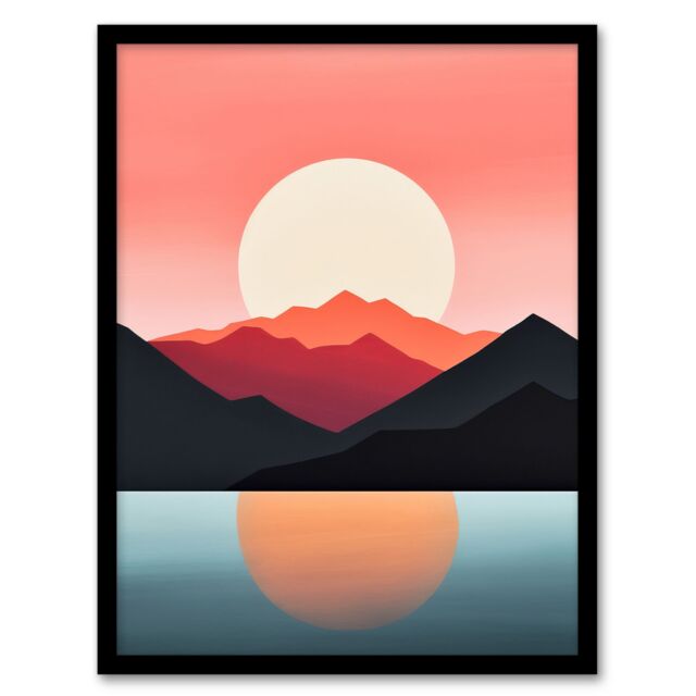 "Artery8 Reflecting Sea At Sunrise Calming Minimalist Painting Orange Glow Art Print Framed Poster Wall Decor 12x16 inch in Black - Size: W12"" x H16""" - image 1
