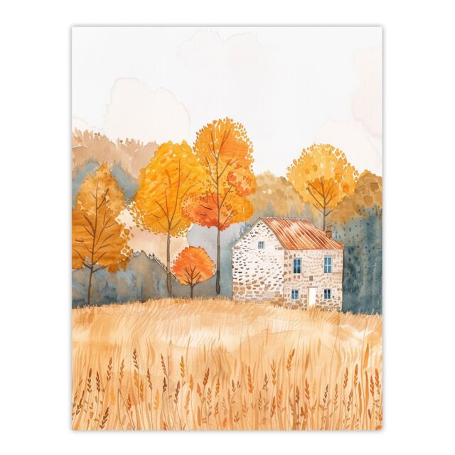 "Artery8 Autumn Forest Trees by Wheat Farm Stone House Wall Art Print in Yellow - Size: W18"" x H24""" - image 1