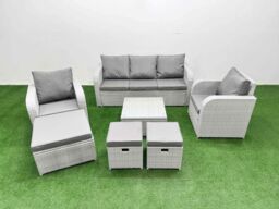 Fimous PE Rattan Garden Furniture Set Reclining Chair Sofa Lounge Sofa Set Square Coffee Table 3 Stools Light Grey - thumbnail 1
