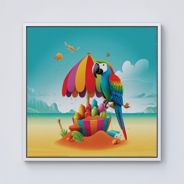 Warren Reed - Designer Parrot On A Beach Holiday Framed Canvas in Off-White - Size: w40 inch x h40 inch - image 1