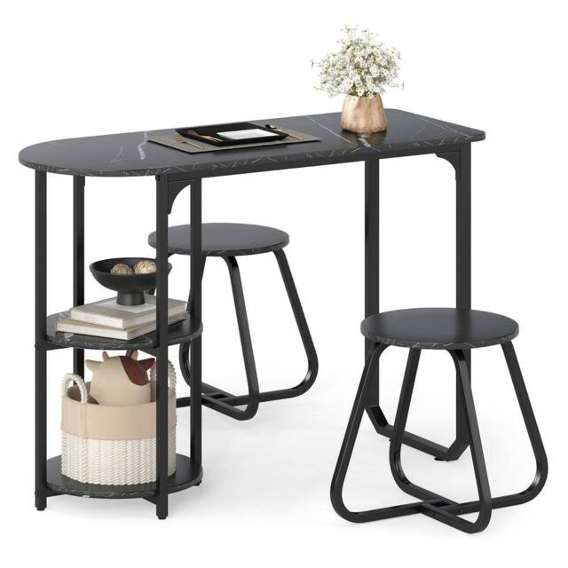 Costway Table & 2 Bar Stools Set Table w/ 2 Shelves Stools Kitchen Bar Unit in Black - image 1