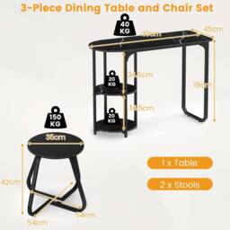 Costway Table & 2 Bar Stools Set Table w/ 2 Shelves Stools Kitchen Bar Unit in Black - thumbnail 2