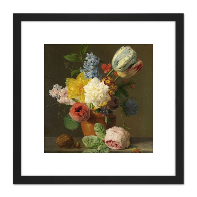 Artery8 Oberman Still Life With Flowers Nuts Painting 8X8 Inch Square Wooden Framed Wall Art Print Picture with Mount in Black - image 1