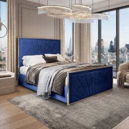 Casani Southborough Upholstered Soft Velvet Blue Metal Designer Bed Frame - Size: Small Double - thumbnail 1