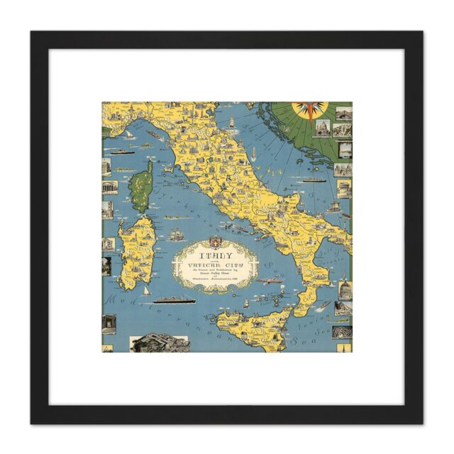Artery8 1944 Ernest Dudley Chase Map Italy With Vatican City 8X8 Inch Square Wooden Framed Wall Art Print Picture with Mount in Black - image 1