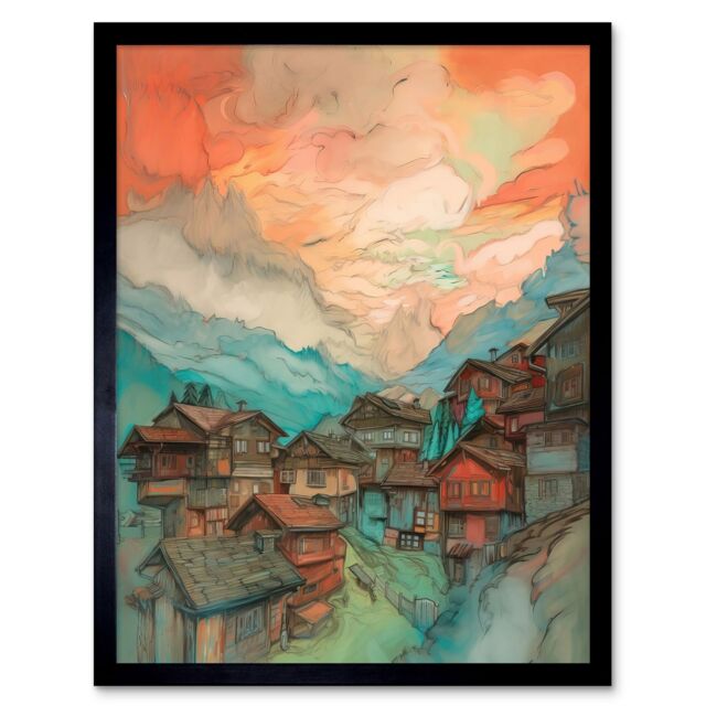 Artery8 Wall Art Print Pink Dawn Atmospheric Clouds Over Small Mountain Village in the Alps Modern Watercolour Painting Art Framed - image 1