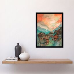 Artery8 Wall Art Print Pink Dawn Atmospheric Clouds Over Small Mountain Village in the Alps Modern Watercolour Painting Art Framed - thumbnail 2