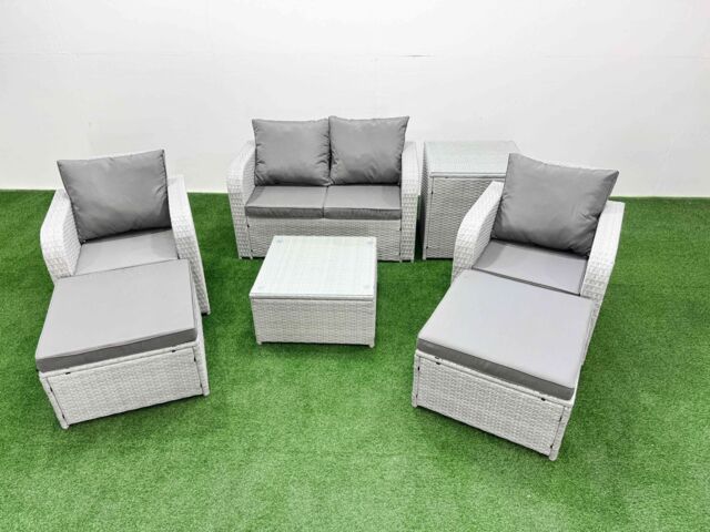 Fimous Light Grey PE Wicker Rattan Garden Furniture Set Sofa Set Reclining Adjustable Chair Square Coffee Table 6 Seater 2 Big Stools Side Table - image 1