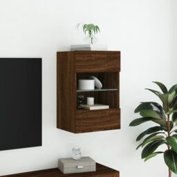 Berkfield Home TV Wall Cabinet with LED Lights Brown Oak 40x30x60.5 cm - thumbnail 5