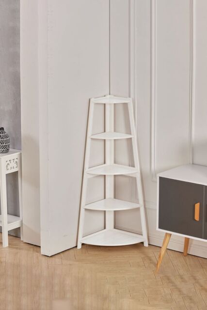 Living and Home 5 Tier Wooden Ladder Corner Bookcase Trapezoidal Fan-Shaped Book Shelf Storage Shelf in White