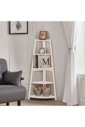 Living and Home 5 Tier Wooden Ladder Corner Bookcase Trapezoidal Fan-Shaped Book Shelf Storage Shelf in White - thumbnail 3