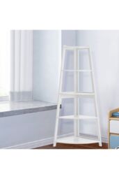 Living and Home 5 Tier Wooden Ladder Corner Bookcase Trapezoidal Fan-Shaped Book Shelf Storage Shelf in White - thumbnail 5