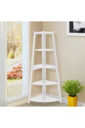 Living and Home 5 Tier Wooden Ladder Corner Bookcase Trapezoidal Fan-Shaped Book Shelf Storage Shelf in White - thumbnail 2