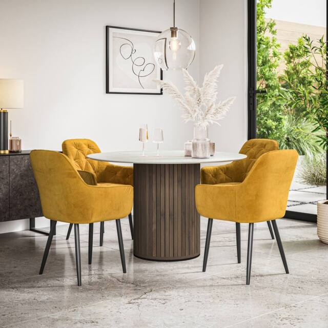 More4Homes Arlo White Marble Table Top W Walnut Leg + Anika Velvet Dining Chair 4 in Mustard - image 1