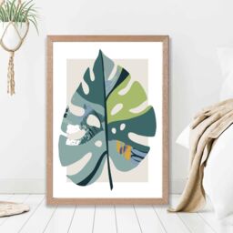 ARTZE Monstera Leaf Teal & Green Mid Century Modern Framed Print SIZE: A3 with Oak Frame - Size: A2 - thumbnail 2