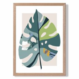 ARTZE Monstera Leaf Teal & Green Mid Century Modern Framed Print SIZE: A3 with Oak Frame - Size: A2 - thumbnail 1