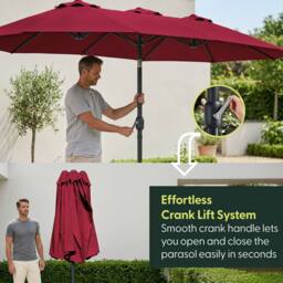 Keplin Double Garden Parasol with Base & Cover (4.5x2.7m), Polyester Canopy in Dark Red - thumbnail 4