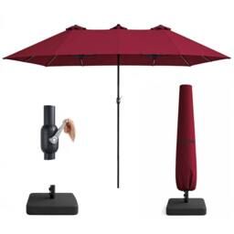 Keplin Double Garden Parasol with Base & Cover (4.5x2.7m), Polyester Canopy in Dark Red