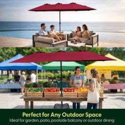 Keplin Double Garden Parasol with Base & Cover (4.5x2.7m), Polyester Canopy in Dark Red - thumbnail 7