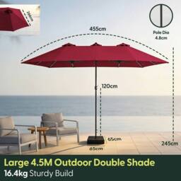 Keplin Double Garden Parasol with Base & Cover (4.5x2.7m), Polyester Canopy in Dark Red - thumbnail 8