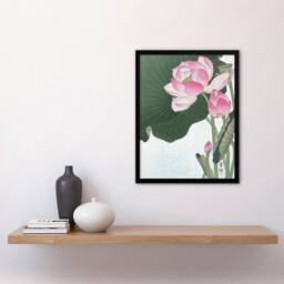 Artery8 Blooming Lotus Flowers Vintage Japan Framed Wall Art Print Ohara Koson in Green - Size: A4 - thumbnail 4