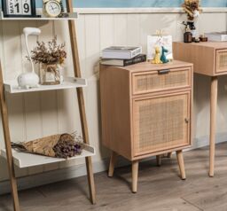 Nordlys Scandinavian Wooden Bedside Table with Rattan Drawer in Brown - thumbnail 2