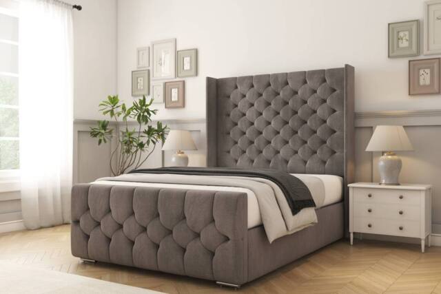 "Comfort Beds Monte Carlo Naples Bed Frame - 50"" Upholstered Wingback Headboard in Grey - Size: Double" - image 1
