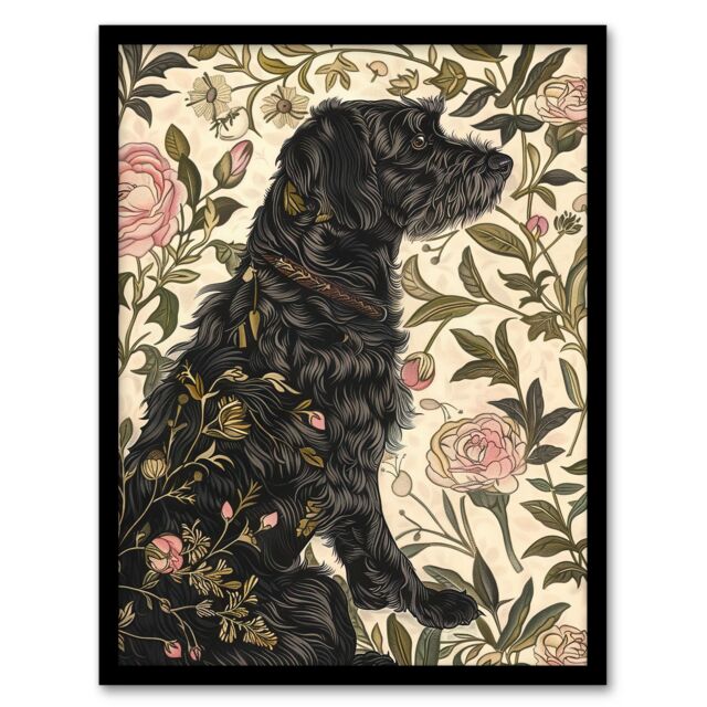 "Artery8 Dog in Carnations Painting Botanical Vintage Framed Art Print in Green - Size: W12"" x H16""" - image 1
