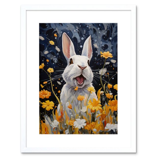 Artery8 Wall Art Print Moonlit White Rabbit Oil Painting Playing with Yellow Spring Flowers Mischief at Night Kids Bedroom Artwork Framed 9X7 Inch - image 1
