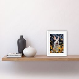 Artery8 Wall Art Print Moonlit White Rabbit Oil Painting Playing with Yellow Spring Flowers Mischief at Night Kids Bedroom Artwork Framed 9X7 Inch - thumbnail 2
