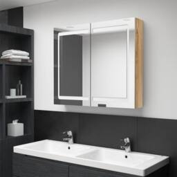 Berkfield Home LED Bathroom Mirror Cabinet Oak 80x12x68 cm in Brown - Size: 80 x 12 x 68 cm - thumbnail 2