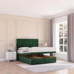 Sloomy Highbury Plush Fabric Ottoman Bed End Opening With Sprung Memory Mattress & 54 Inch Floorstanding Headboard in Emerald - Size: Super King - thumbnail 2