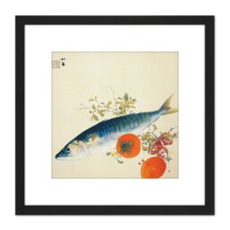 Artery8 Seiho Autumn Fattens Fish Ripens Wild Fruits Japan Painting 8X8 Inch Square Wooden Framed Wall Art Print Picture with Mount in Black - thumbnail 1