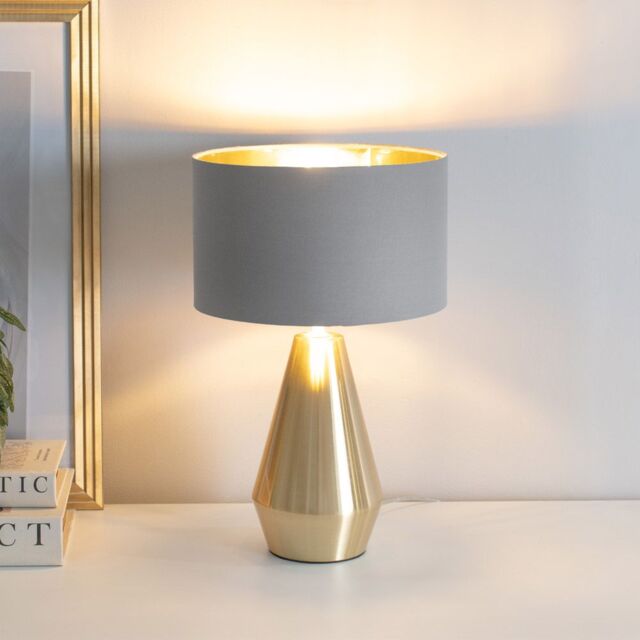 ValueLights Jax Gold Dimmable Touch Table Lamp with Fabric Drum & Gold Inner Shade & Bulb in Grey - image 1