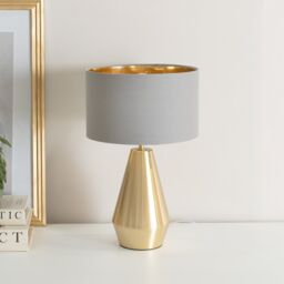 ValueLights Jax Gold Dimmable Touch Table Lamp with Fabric Drum & Gold Inner Shade & Bulb in Grey - thumbnail 3